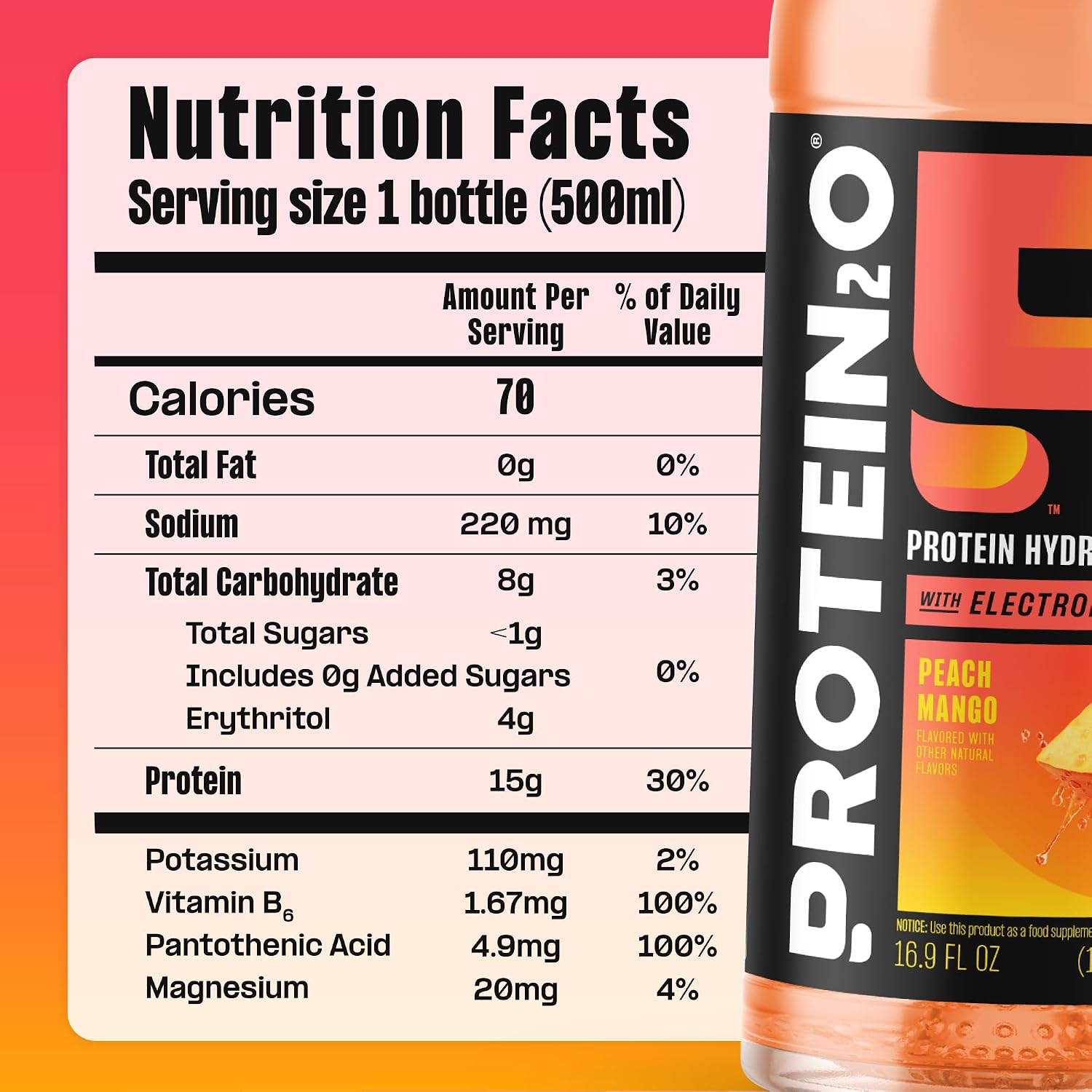 Protein2o 15g Whey Protein Infused Water, Peach Mango, 16.9 Oz Bottle (Pack of 12)
