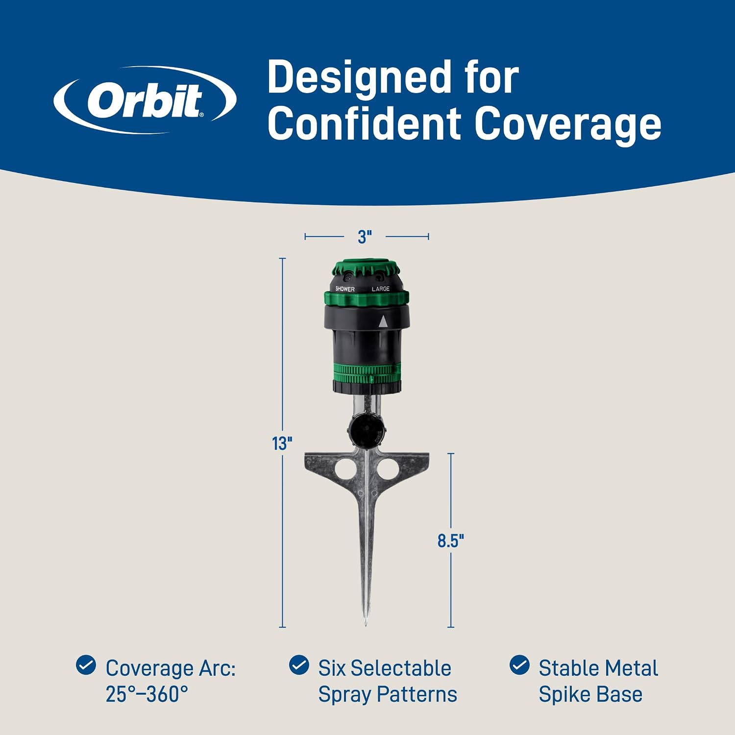 Orbit H2O-Six Gear-Drive Sprinkler on Metal T-Spike - Customizable Lawn Watering Coverage - Multi-Pattern Rotating Head with Adjustable Spray Range - Durable Outdoor Yard Irrigation Sprinkler - 58573