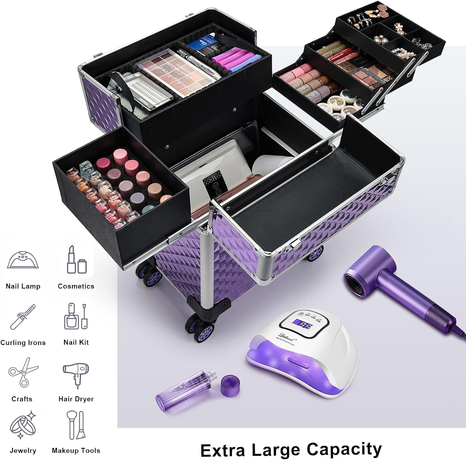 Stagiant Rolling Makeup Train Case Large Storage Cosmetic Trolley 4 Tray with Sliding Rail Removable Middle Layer with Key Swivel Wheels Salon