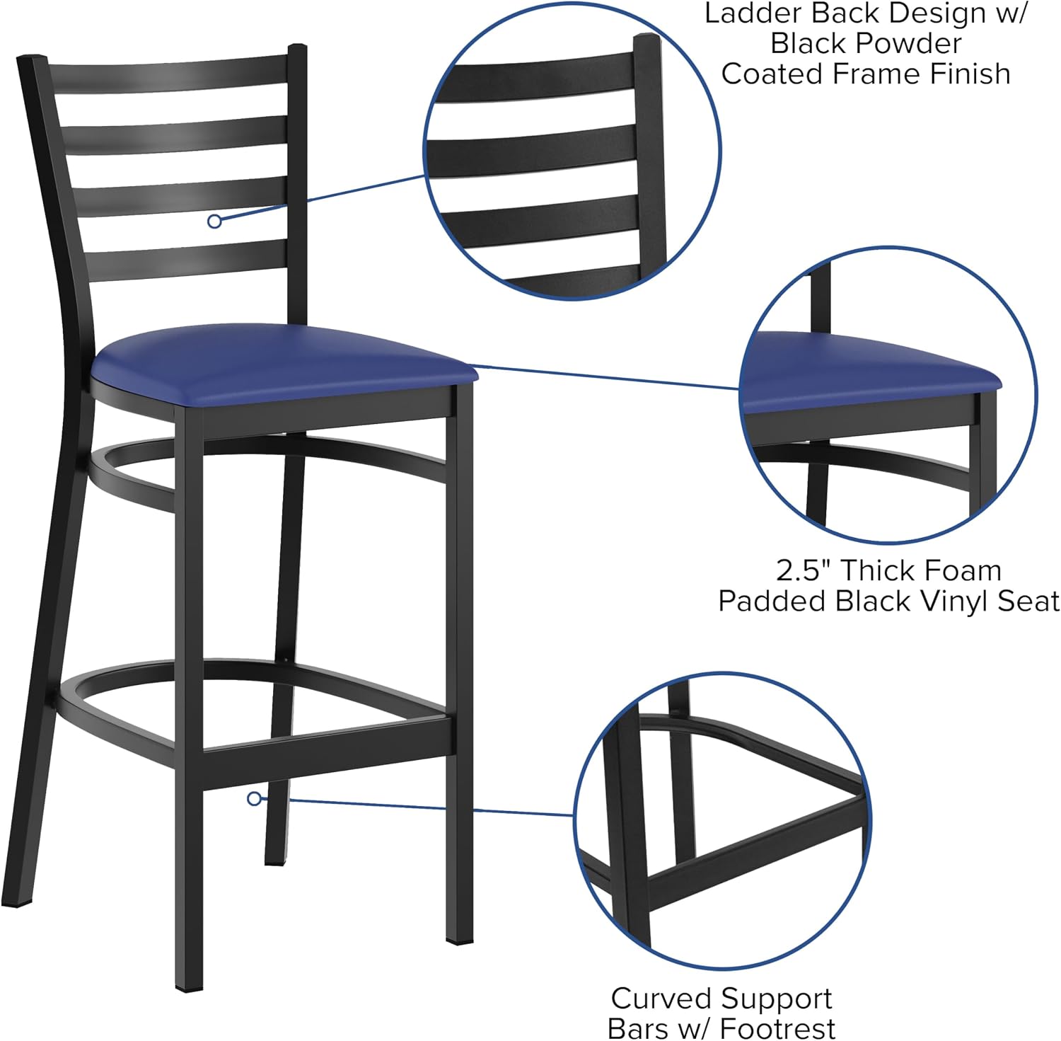 Flash Furniture Hercules Series Ladder Back Metal Restaurant Barstool, Modern Upholstered Armless Bar Height Chair for Restaurants and Kitchens, Black | Vinyl Upholstery, Durable Construction, Commercial Use