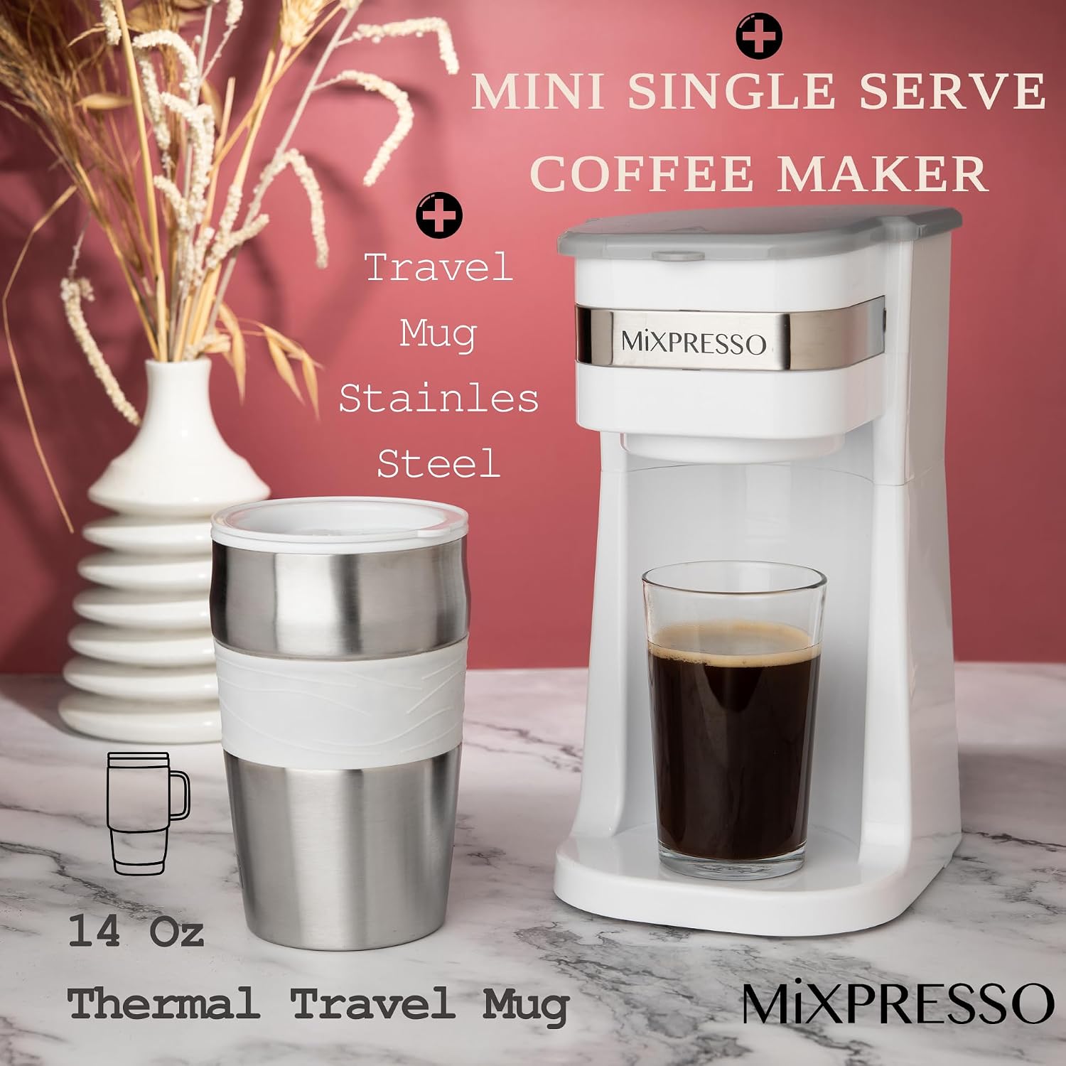 Mixpresso Single Serve & Single Cup Coffee Maker with 14oz Travel Mug Black | For ground coffee only, reusable filter, auto shut off. Compact personal drip coffee maker, not compatible with K-Cup pods.