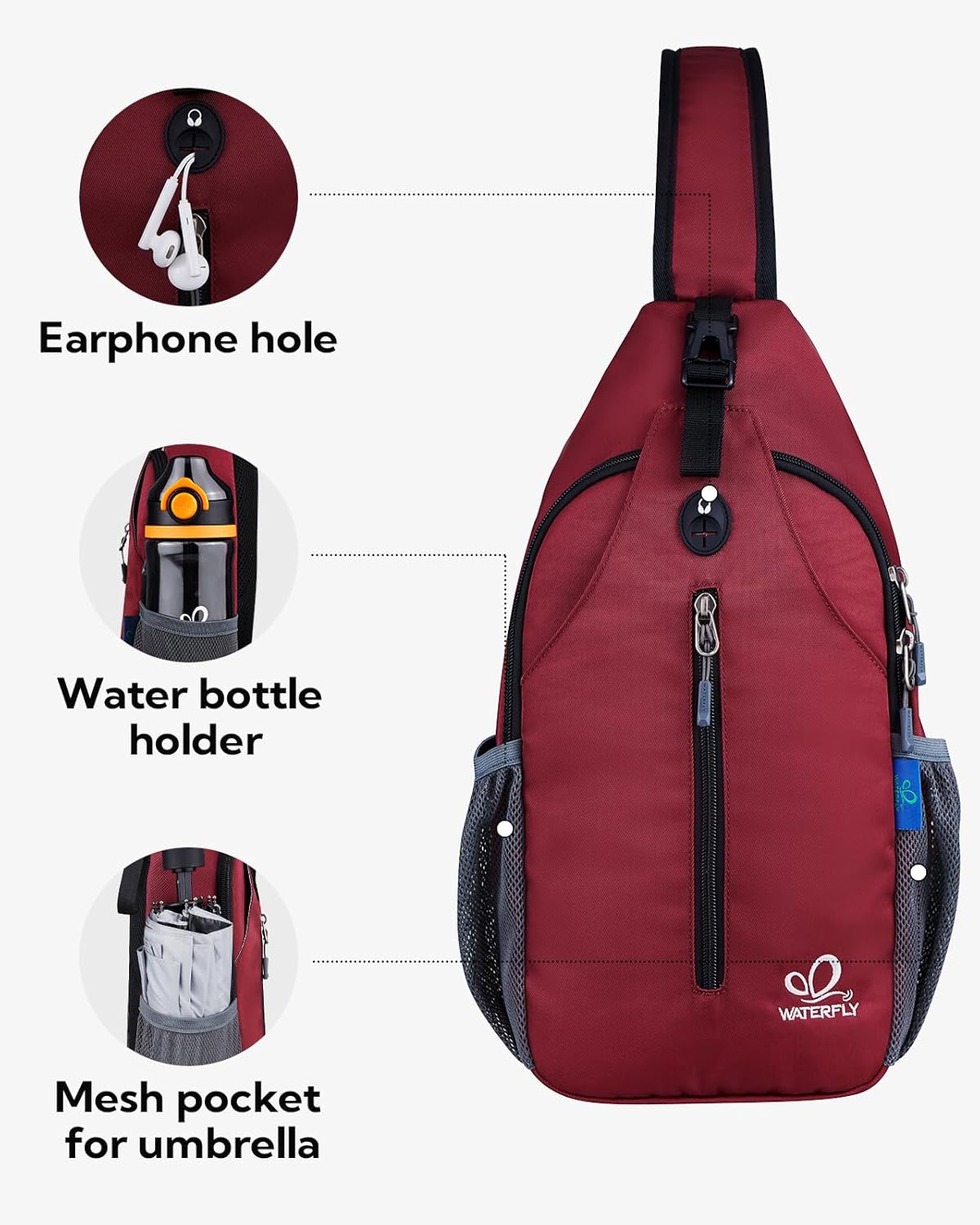 WATERFLY Crossbody Sling Backpack Sling Bag Travel Hiking Chest Bag Daypack (Black) | Small Hiking bag,Multi-compartment storage,Water-resistant,Breathable back pad,Reversible adjustable shoulder strap