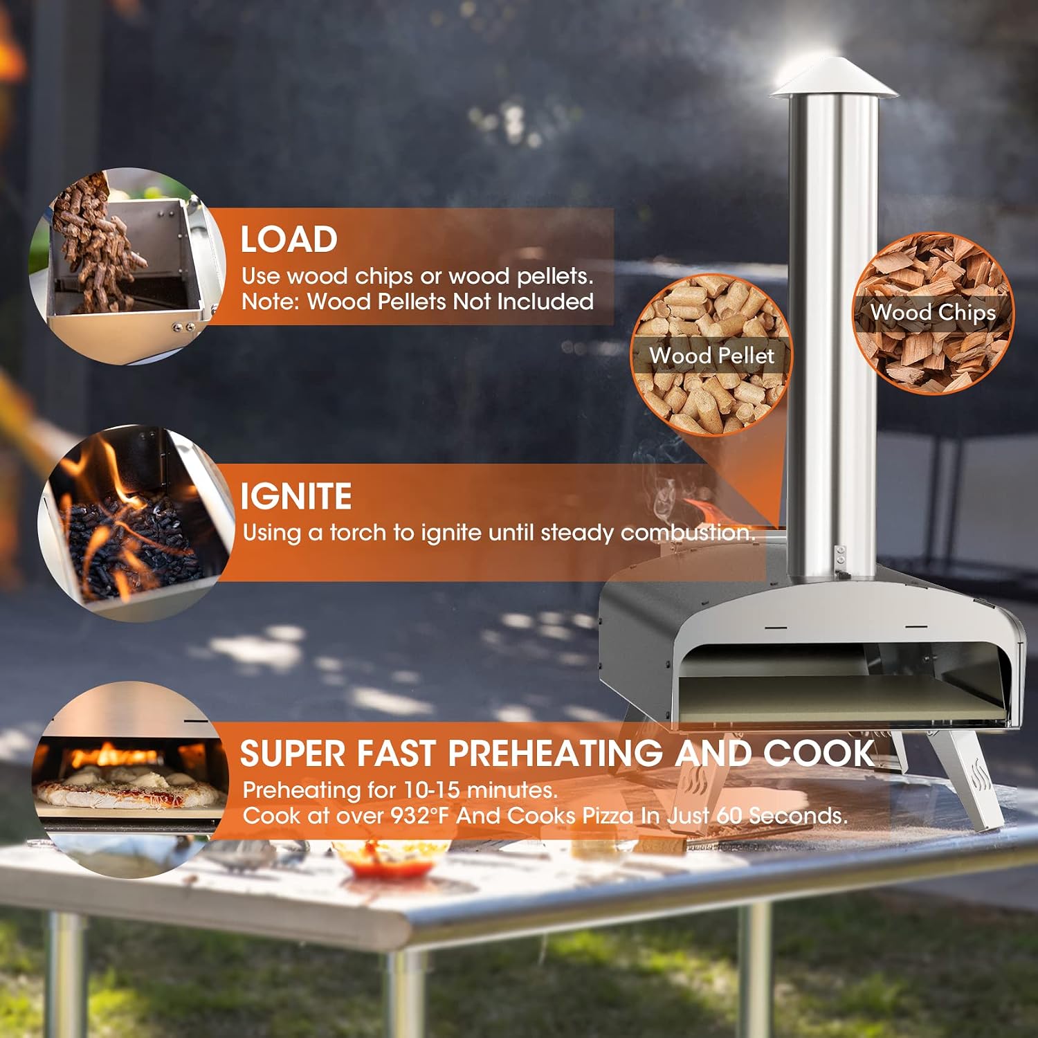 Mimiuo Auto-Rotating Wood Pellet Pizza Oven Outdoor 40Lbs, 60S Bake w/Stone