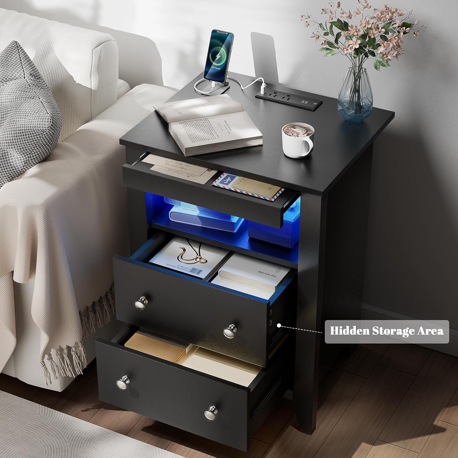 Black Nightstand with Gun Drawer, Night Stand with Charging Station & LED Lights, Bedside Table with Tray & 2 Drawers, End Side Table with Hidden Compartment for Valuables Storage