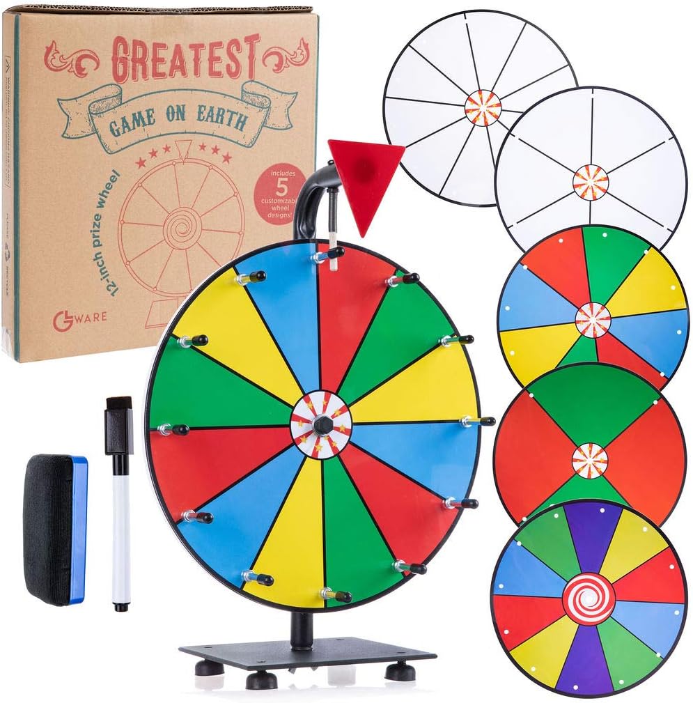 5 in 1 Tabletop Prize Wheel Spinner - 12" Carnival Games Smooth Spinning Wheel for Prizes, Raffle - Portable Dry Erase Spin the Wheel Game with Stand