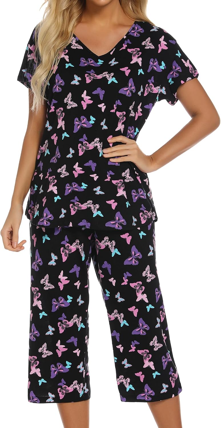 ENJOYNIGHT Womens Pajama Set Cotton Summer Pj Top with Capri Pant Sleepwear