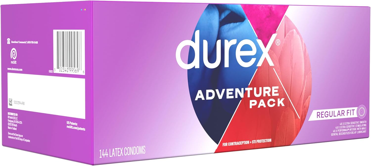 Durex Pleasure Pack Assorted Thin Condoms, Exciting Mix of Sensation and Stimulation, Lubricated Natural Rubber Latex Condoms for Men, 42 Count