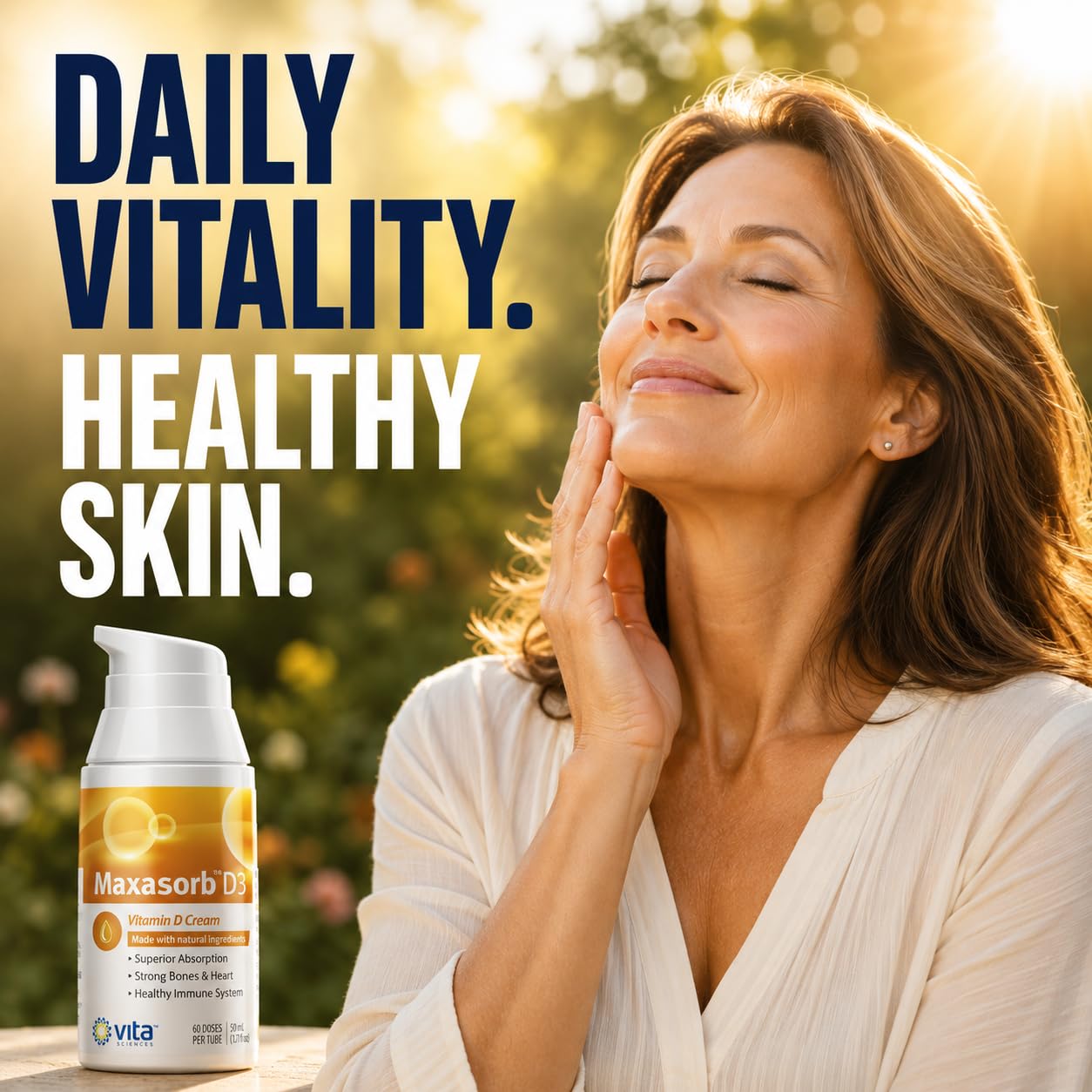 Vita Sciences Maxasorb Vitamin D3 Cream 2,000 IU, Topical Formula - 1.7 Oz | Delivers 2,000 IU of Topical Vitamin D3 Cream Per Pump - Fast-absorbing, Non-greasy, Paraben-Free Daily Skin Moisturizer.