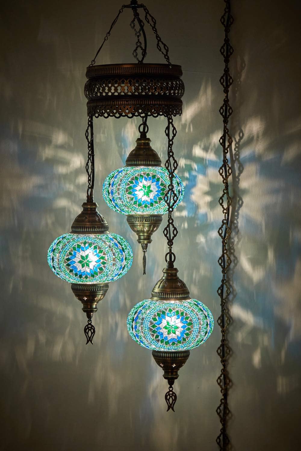 DEMMEX 3 Large Globe Plug-in Turkish Moroccan Mosaic Chandelier, Hanging Lamp, Ceiling Light Fixture with 15ft Cord & Chain for Living Room