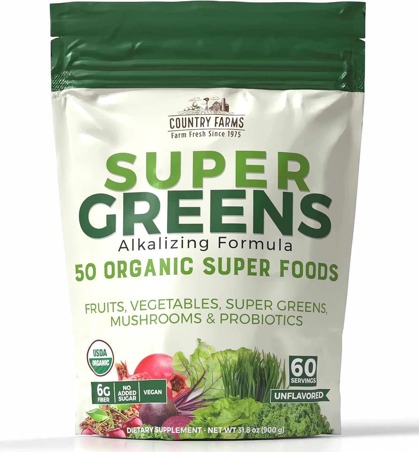 Country Farms Organic Super Greens Powder, Daily Greens Drink Mix with 50 Organic Superfoods, Fruits, Vegetables, Fiber, Mushrooms & Probiotics for Gut Health, Digestion & Energy, Berry Flavor