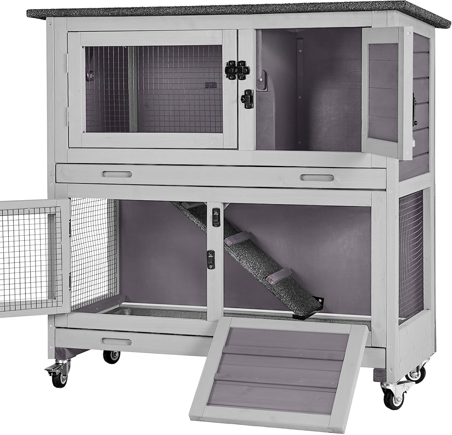 Aivituvin Rabbit Hutch, Indoor Bunny Cage with Run Outdoor Rabbit House with Two Deeper No Leak Trays - 4 Casters Include (Grey)