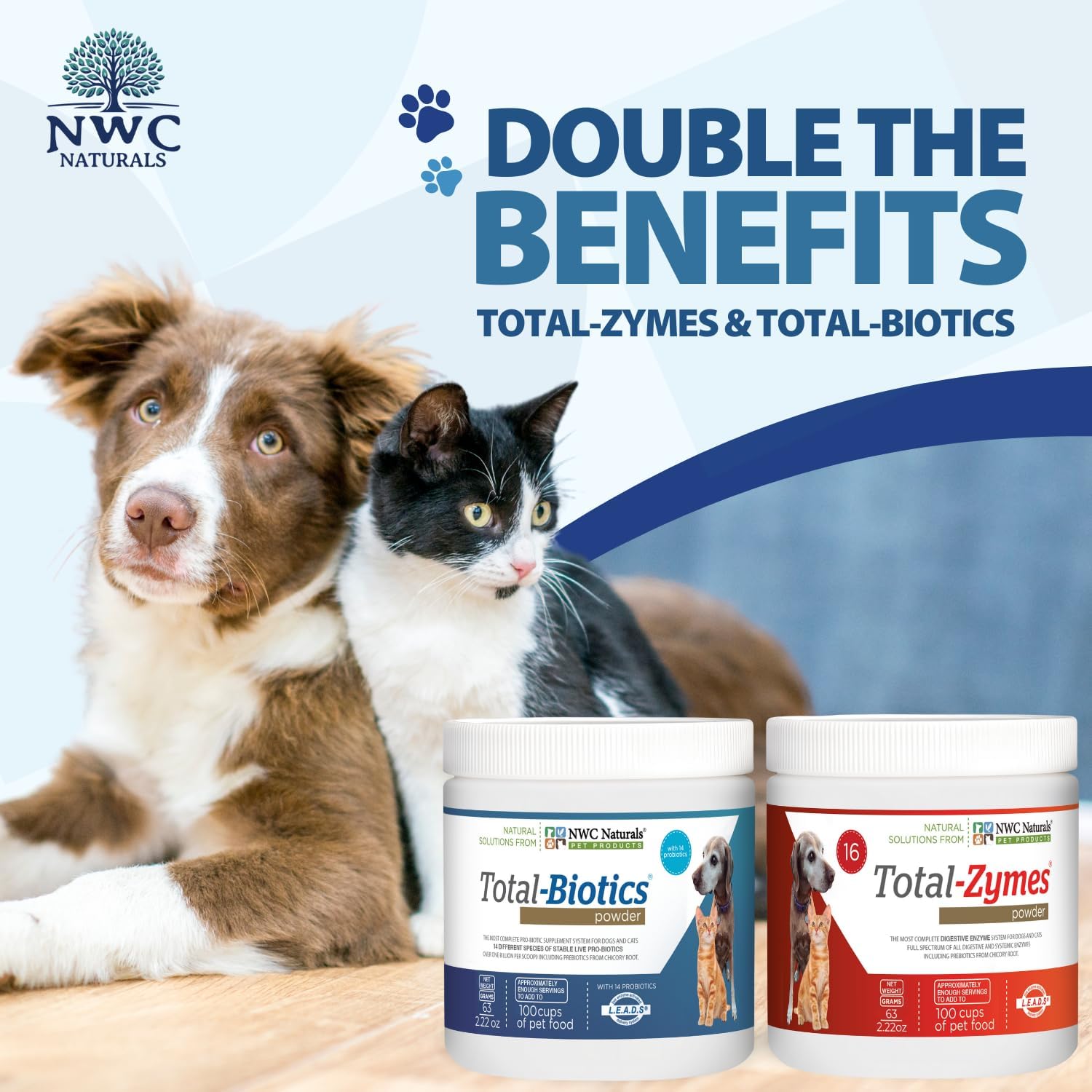 Pet Probiotic and Digestive Enzyme Powder Twin Pack, 2 Jar Set | 14 Probiotic Strains, 16 Digestive Enzymes, Flavorless Powders Blend with Pet Food, Each Jar Covers About 365 Cups of Food