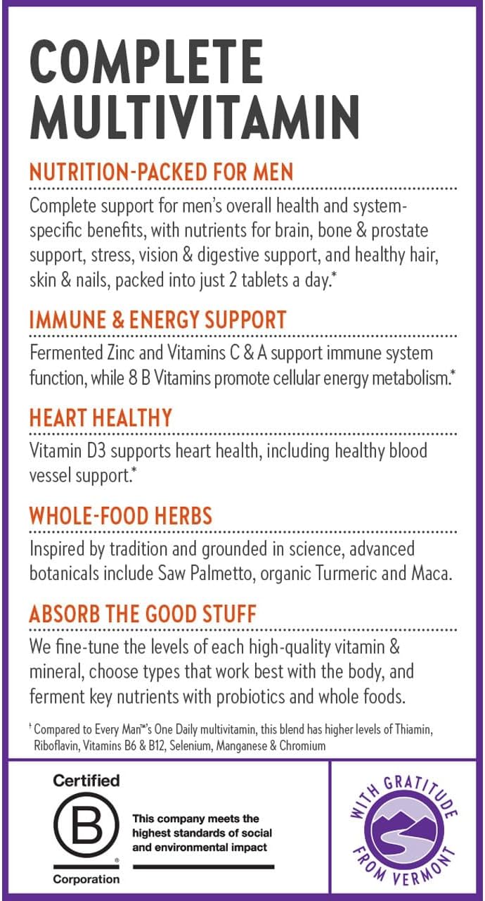New Chapter Men's Multivitamin Advanced Formula for Stress, Brain, Immune, Heart & Energy Support, Higher Levels of Whole-Food Fermented Essential Nutrients for Men + Selenium + B Vitamins, 120 ct