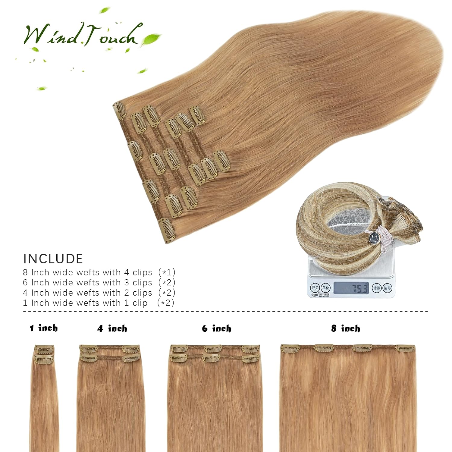 WindTouch Clip In Hair Extensions Human Hair Mixed Bleach Blonde 18Inch 75g Hair Extensions for Women Remy Blonde Extensions Clip in #18p613 7PCS
