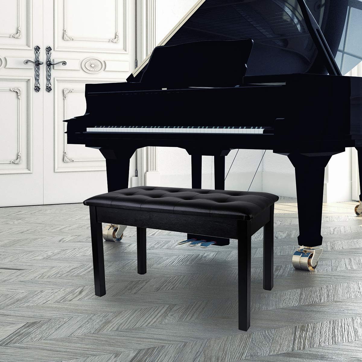 MU PU Leather Padded Piano Bench with Waterproof Cushion and Inner Solid Flip-Top Extra Music Storage for 2 People (Black)
