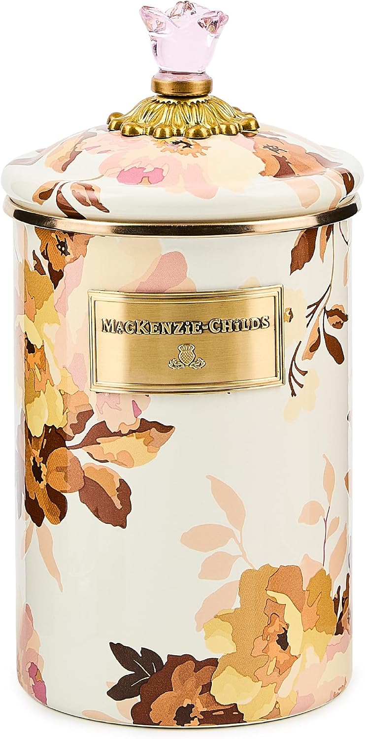 MACKENZIE-CHILDS Enamel Canister, Large, White Butterfly Garden | Hand-applied design, made from enameled steel, versatile kitchen storage container for flour and sugar, 64-ounce capacity