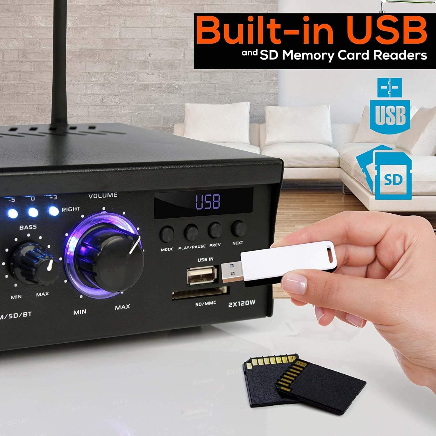Pyle Home Power Amplifier with Bluetooth Wireless - 2 x 120 Watt Stereo Receiver w/ Blue LED Level Meter, FM Radio, USB-A Input w/ MP3 Player