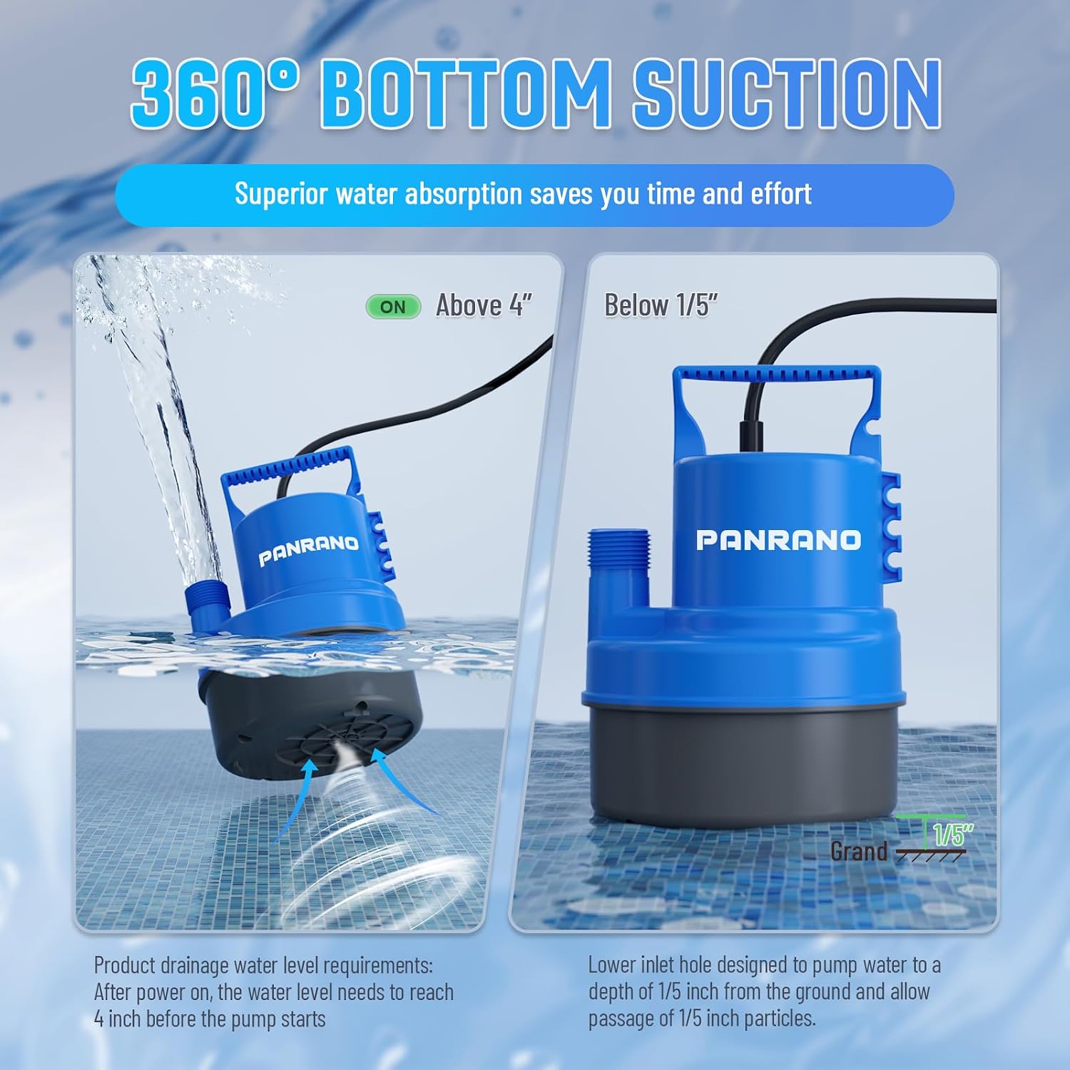 1/3 HP Submersible Water Pump 2000 GPH Portable Small Sump Pump For Pool Cover, Basements, Puddles