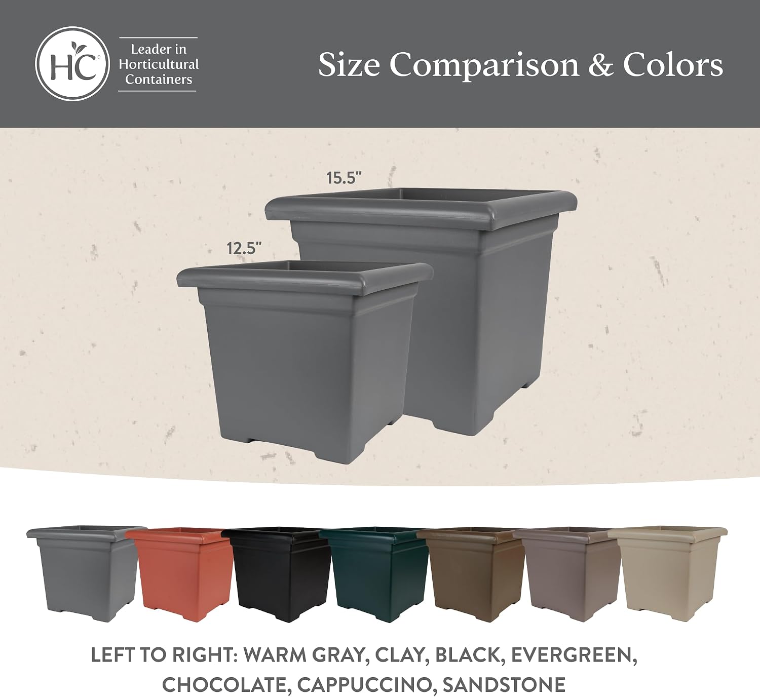 The HC Companies Accent Square Plant Pot w/Drainage - Classic Planters for Outdoor Plants & Indoor Plants - Lightweight & UV-Resistant Square Planter Box (15.5”, Sandstone, Pack of 1)