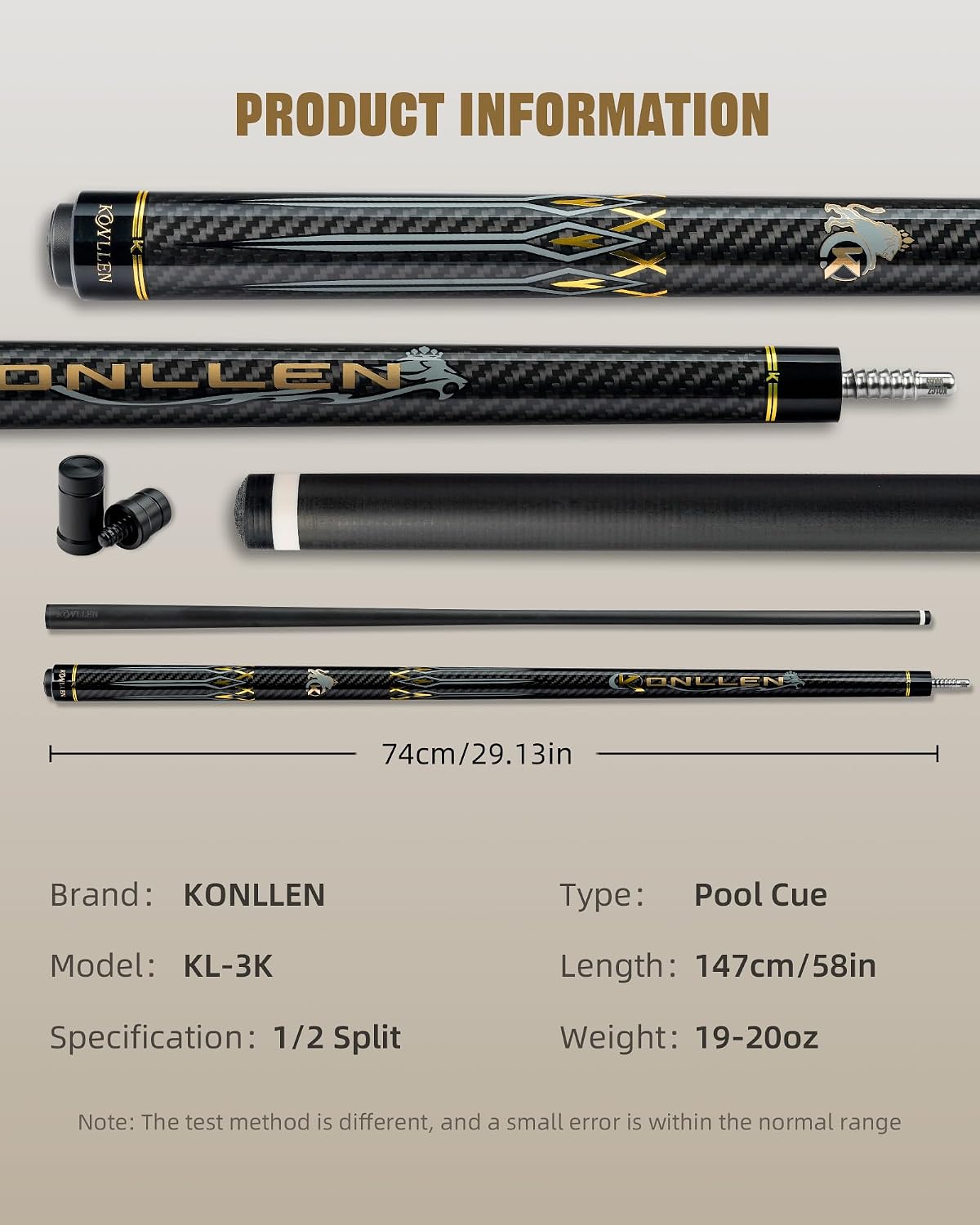 KONLLEN Carbon Fiber Pool Cue Stick 58-inch Professional Pool Sticks for Adults Full Carbon Technology Low Deflection Pool Cue Billiard Cues with 12.5mm Tip (Easy to Control, Pro Taper, Ultra-Smooth)