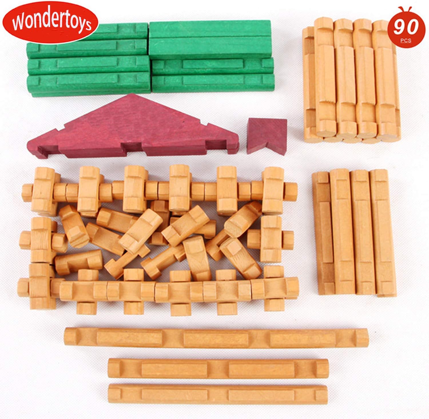 Wondertoys 90 Pieces Classic Wood Cabin Logs Set, Building Log Toy for Children, Farm House Construction Educational Toys for 3 4 5 6 Years Old