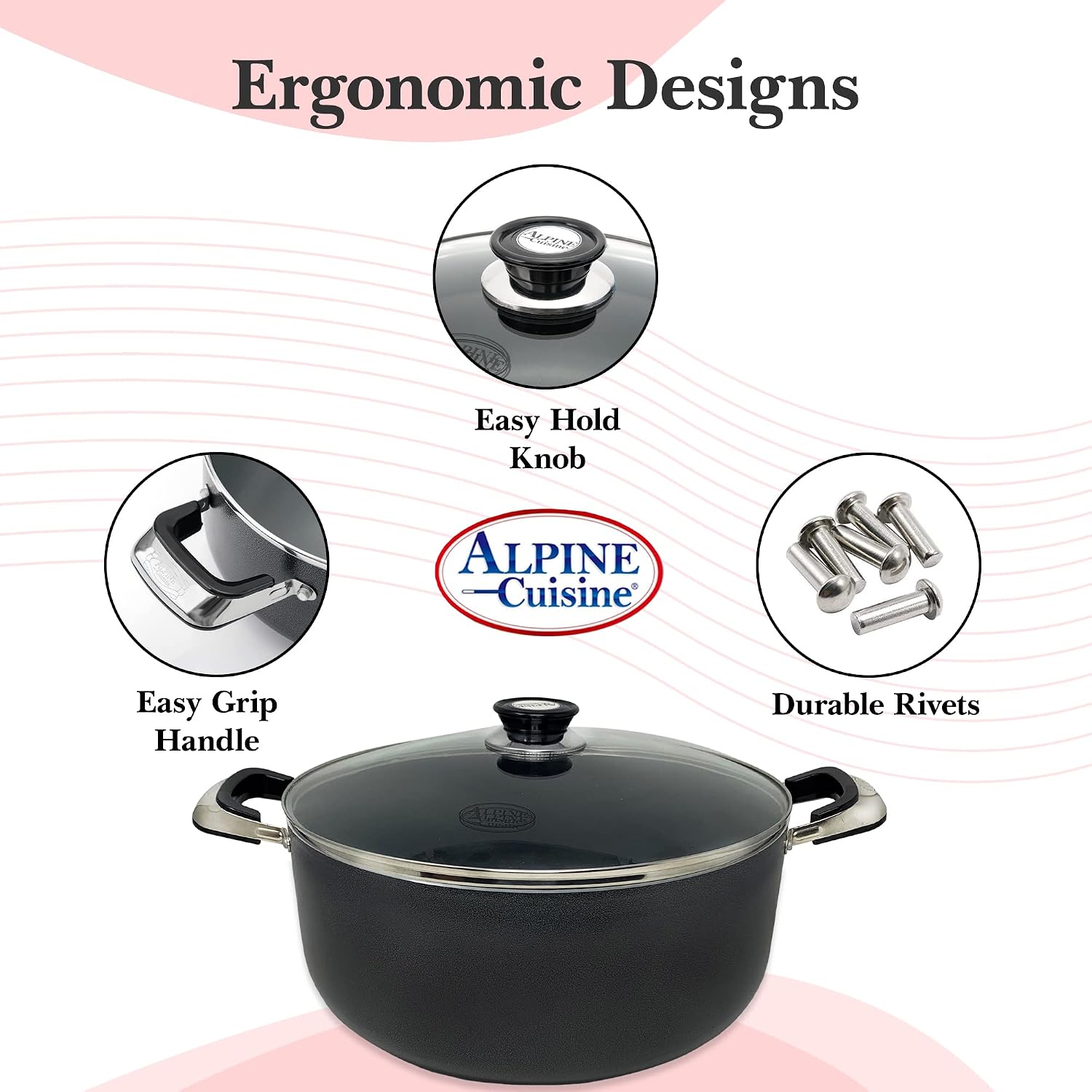 Alpine Cuisine 4 Quart Non-stick Stock Pot with Tempered Glass Lid and Carrying Handles, Multi-Purpose Cookware Aluminum Dutch Oven for Braising, Boiling, Stewing