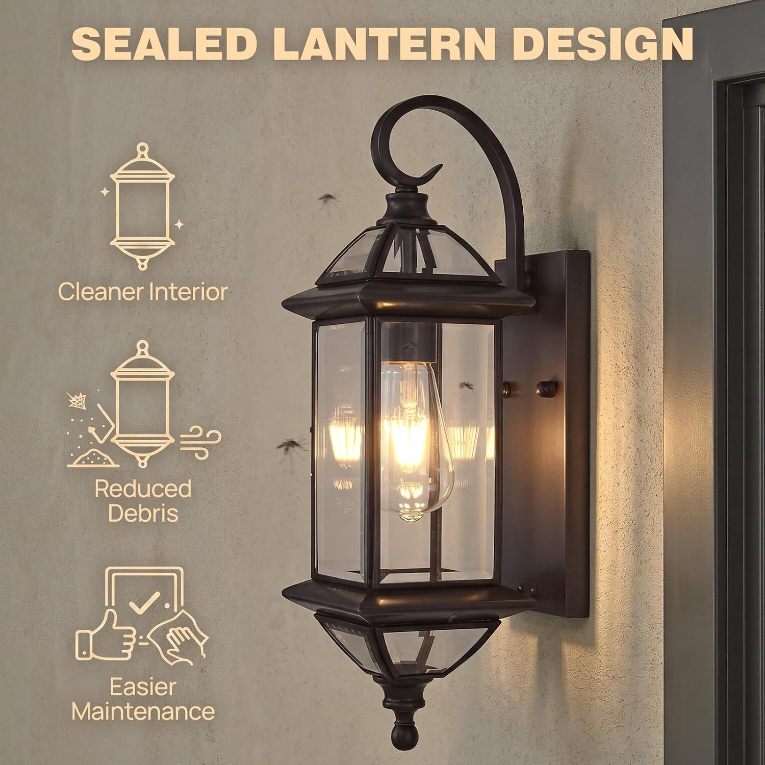 Solid Copper Outdoor Wall Light, 18.5" Oil Rubbed Bronze Porch Lantern with Clear Beveled Glass, Exterior Wall Sconce for Front Door, Garage