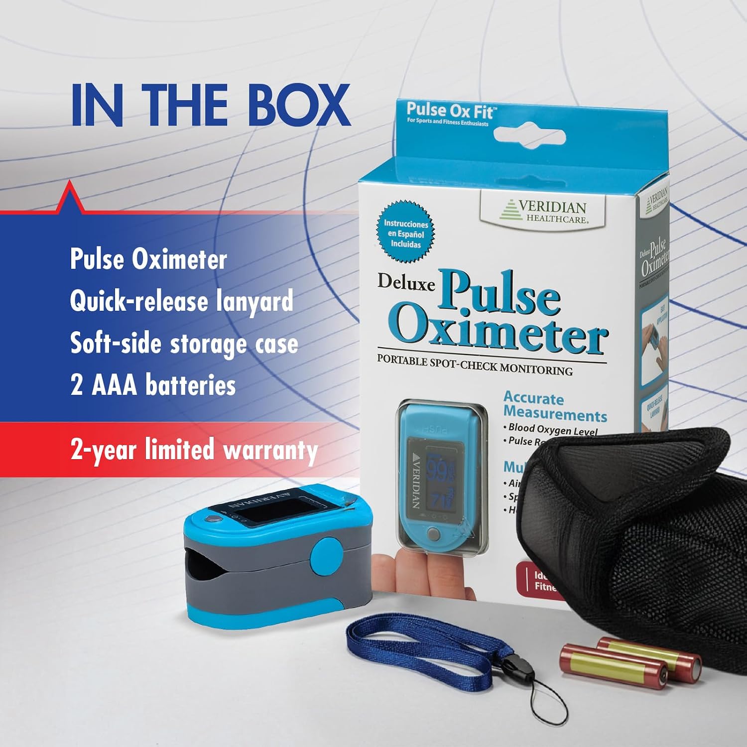 Deluxe Fingertip Pulse Oximeter | Pulse Rate Monitor, Auto-Rotating Display with 4 Backlit Modes, Lanyard & Batteries Included
