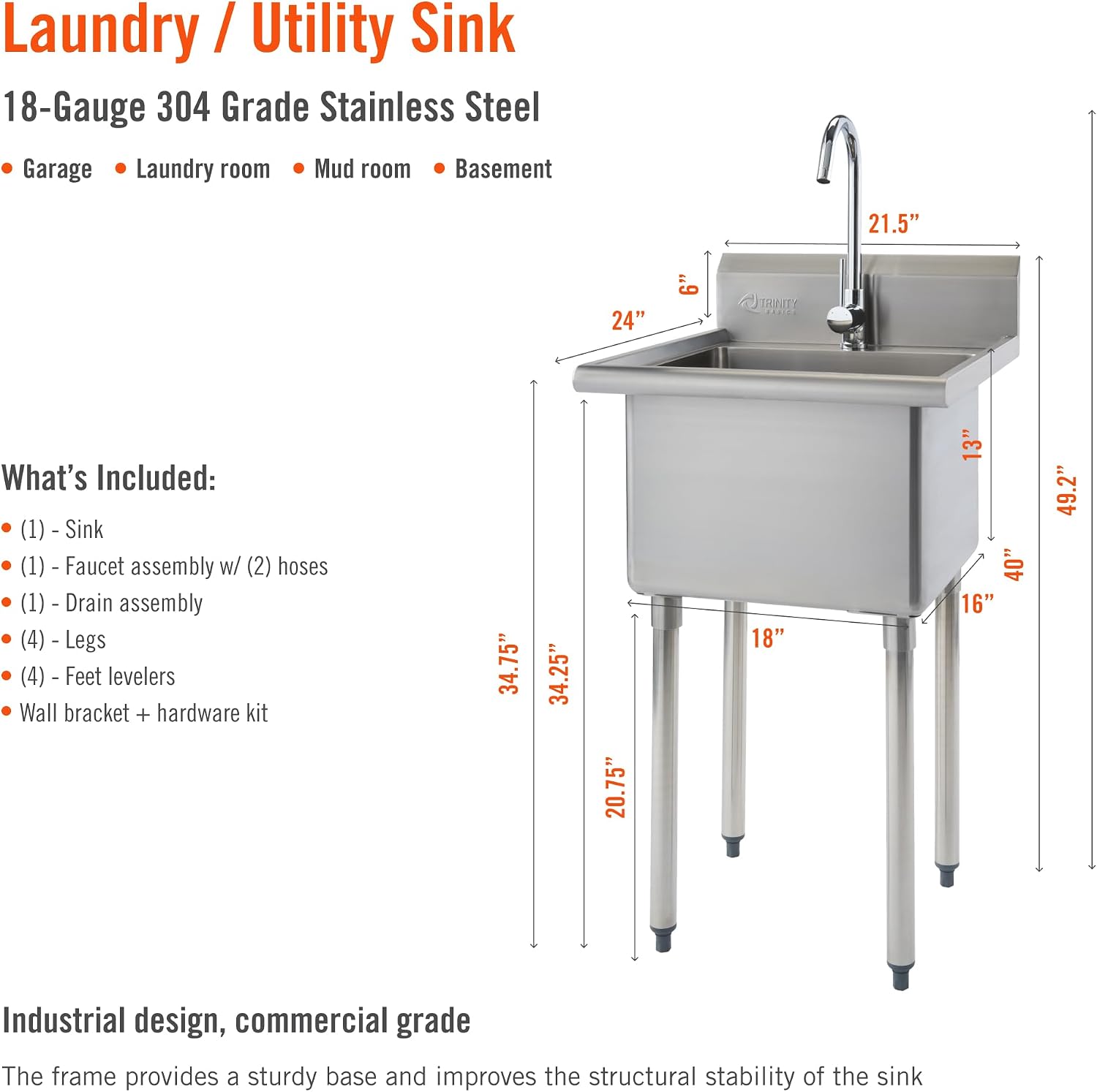 TRINITY BASICS 21.5in Freestanding Stainless Steel Utility Sink, NSF Sink For Laundry Room, Garage, Shop, Kitchen Prep, Food Truck, Dog Wash