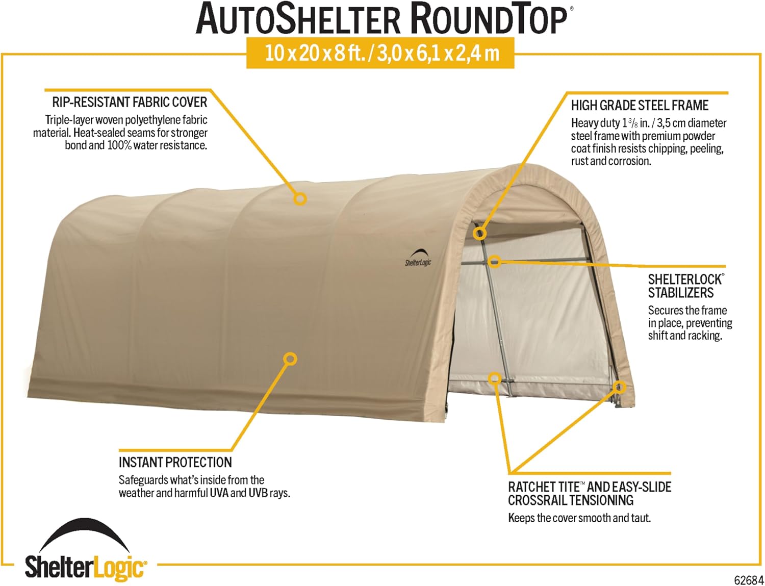 ShelterLogic 10' x 15' x 8' All-Steel Metal Frame Round Style Roof Instant Garage and AutoShelter with Waterproof and UV-Treated Ripstop Cover
