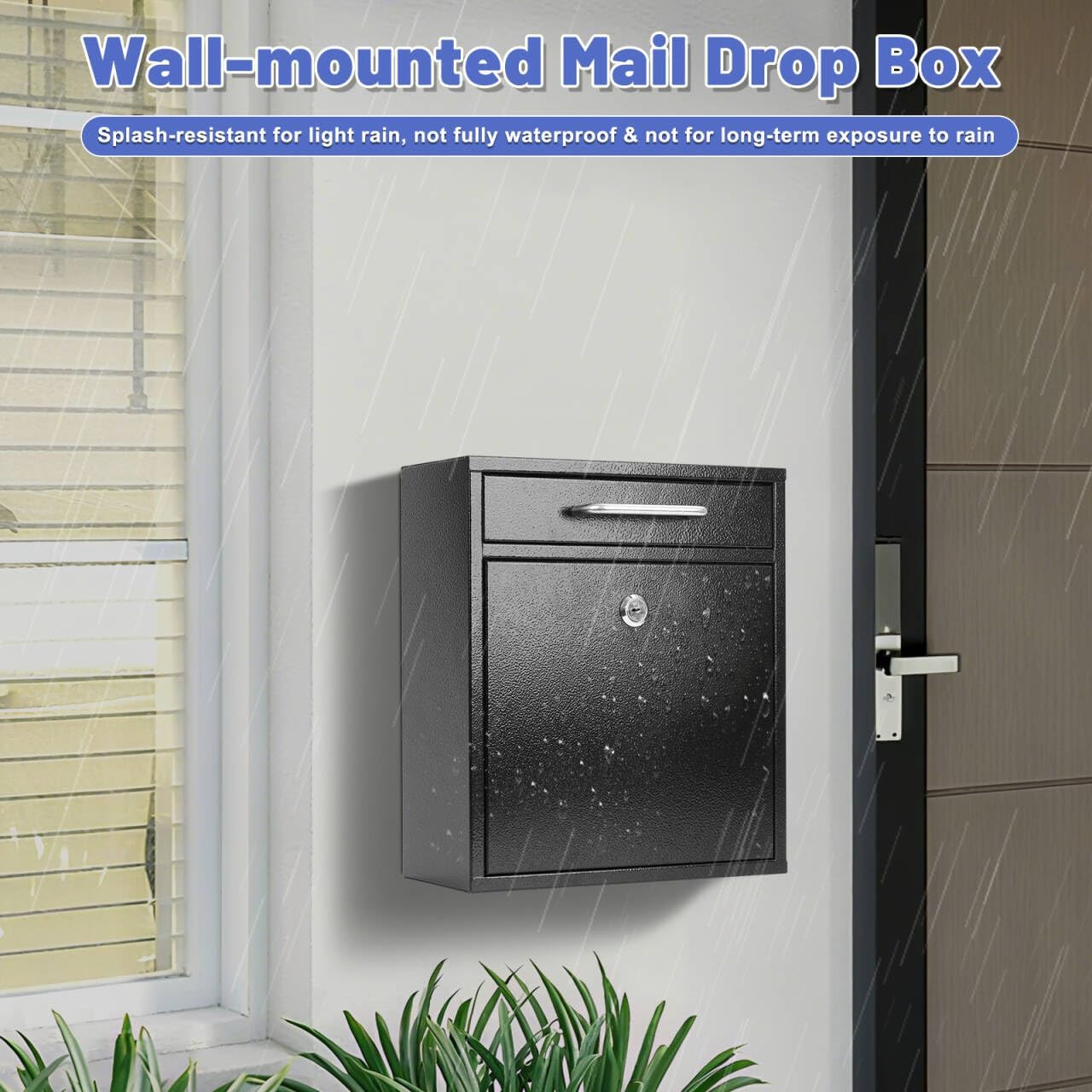 KYODOLED Steel Key Lock Mail Boxes Outdoor, Locking Wall Mount Mailbox, Security Lock Drop Box, Collection Boxes for Home, Office or Commercial,16.2H x 11.2L x 4.6W Inches, Black X Large