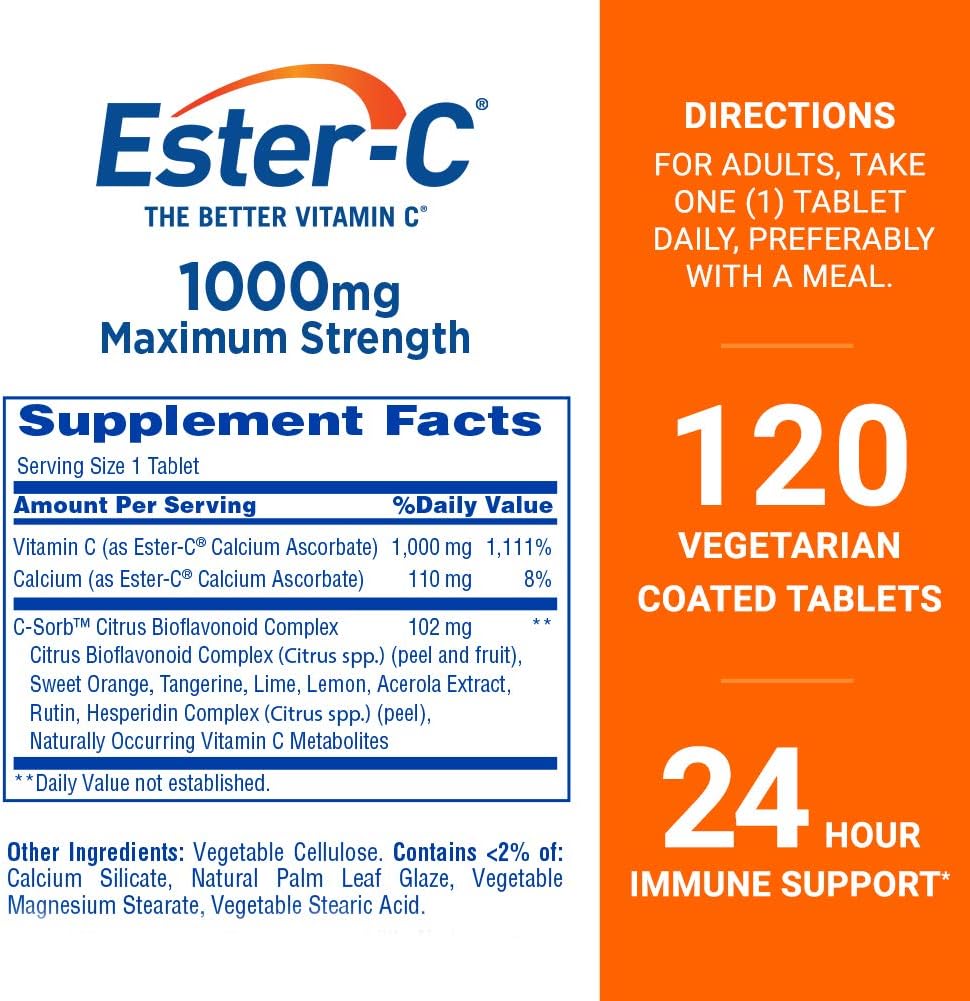 Ester-C Vitamin C, 1,000 mg, 60 Coated Tablets (Packaging May Vary)