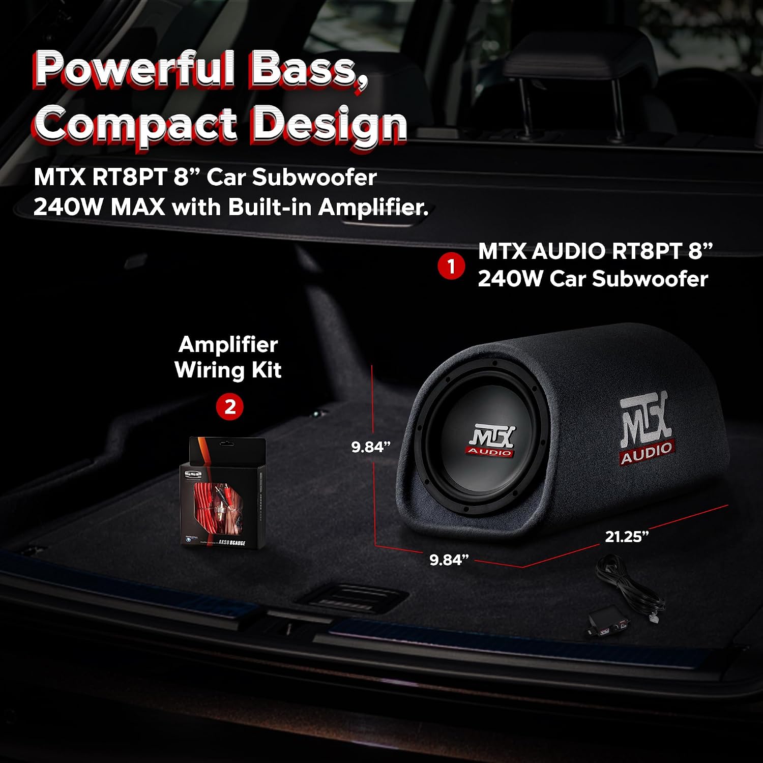 MTX Audio RT8PT 8" 240W Enclosure Amplified Vented Tube Box Car Loaded Subwoofer & Soundstorm AKS8 8 Gauge Car Amplifier Amp Complete Wiring Kit