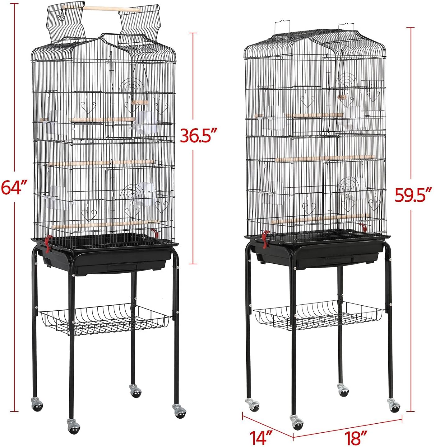 Yaheetech 64'' Open Top Bird Cage for Parakeets & Cockatiels, Black | Detachable Rolling Stand, Easy-clean Slide Tray, Multi-door Access, 3/8" Bar Spacing, Indoor/Outdoor Use