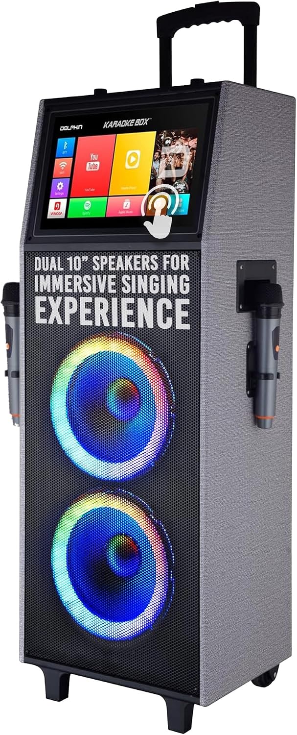 Dolphin KB-2100R Karaoke Machine with 2 Wireless Mics, Dual 10" Woofers | 14" Touchscreen, Android 11.1, Bluetooth, USB, TF, FM & AUX Inputs