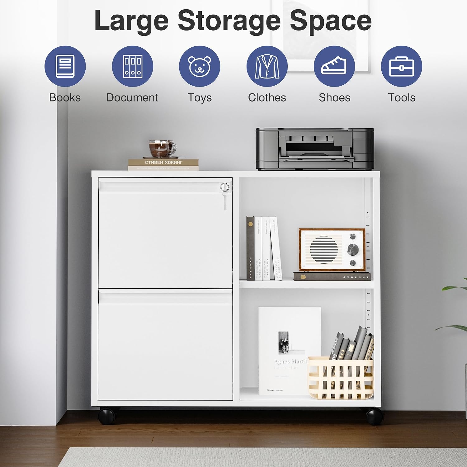 3 Drawer File Cabinet with Lock,Mobile Lateral Filing Cabinet with Side Hook for Letters/Legal/A4, Metal Printer Stand Storage Cabinets with Shelves for Home Office(Black)