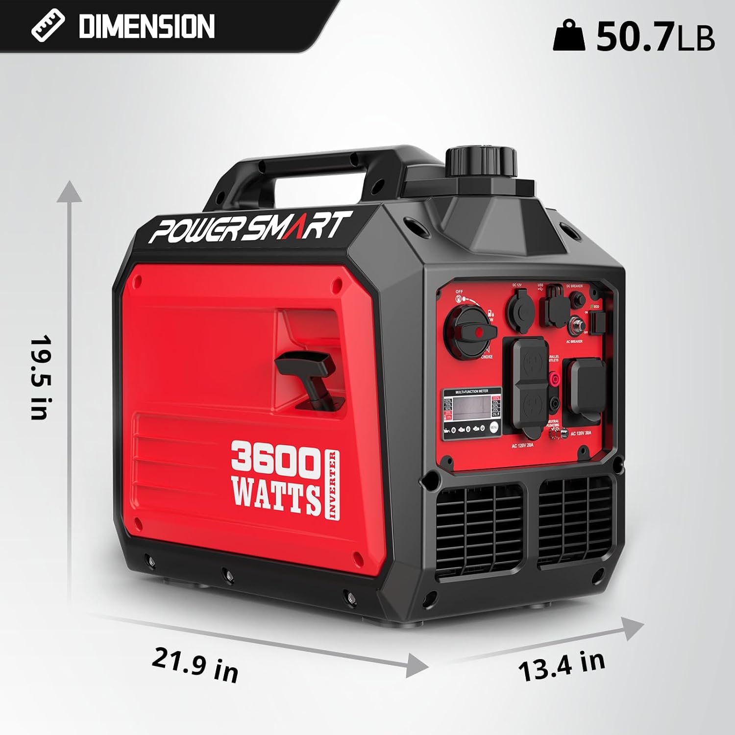 PowerSmart 4400-Watt Open Frame Inverter Generator, Gas Powered, CO-Sensor, Lightweight & Quiet for Home Use and Emergency Backup, Camping, EPA Compliant