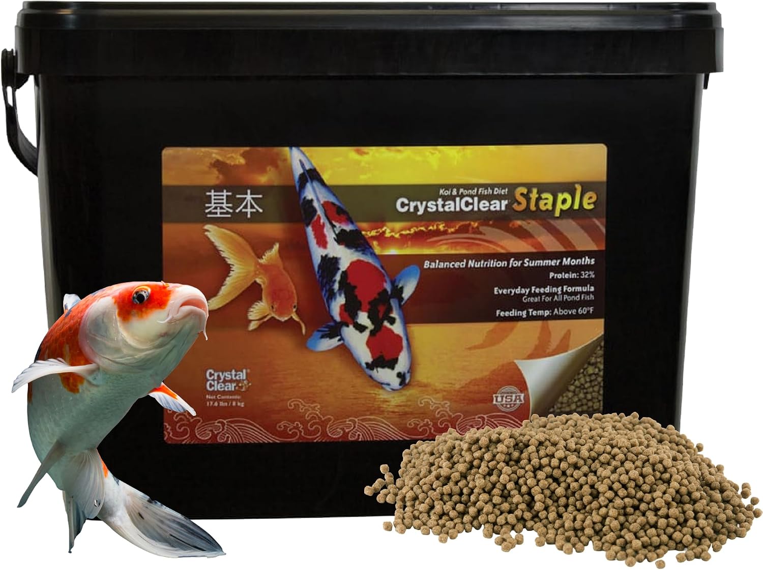 CrystalClear Staple Pond Fish Food for Koi & Goldfish, 8.8 Pound Bucket | Protein packed floating pellets for summer nutrition with easy digestion to support healthy growth and vitality