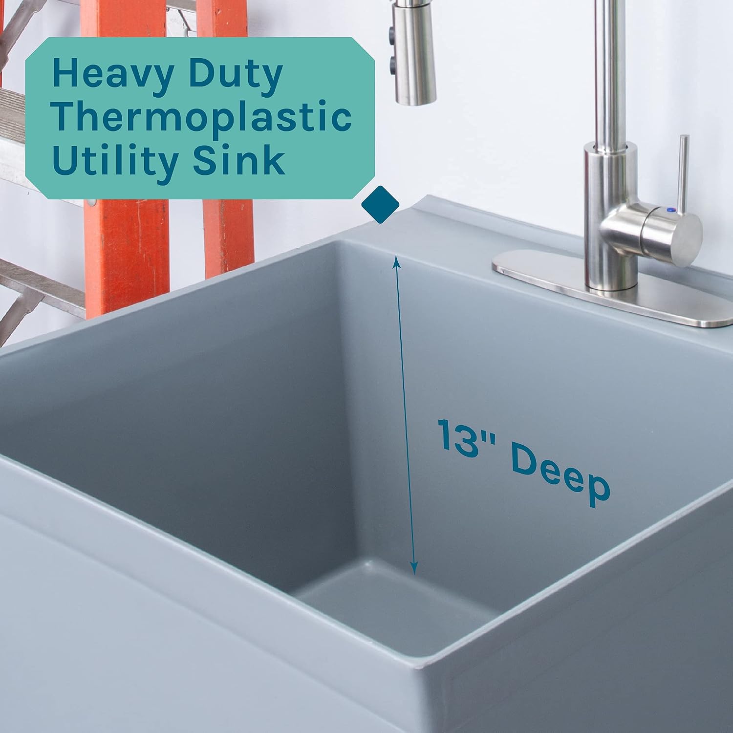 Utility Sink Extra-Deep Laundry Tub in White with High-Arc Stainless Steel Coil Pull-Down Sprayer Faucet, Integrated Supply Lines, P-Trap Kit