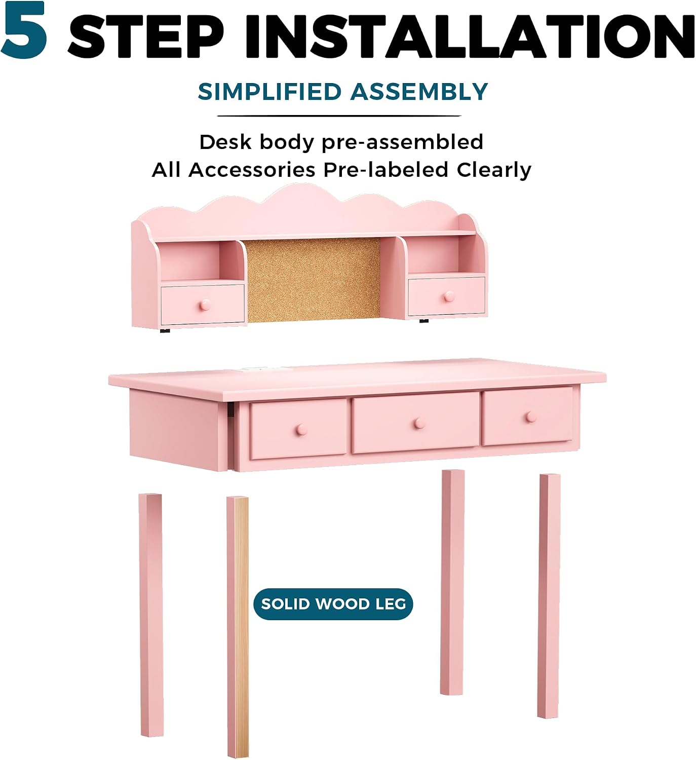 FUNKOCO Writing Desk with Hutch, 40" Small White Desk for Girls, 5 Drawers