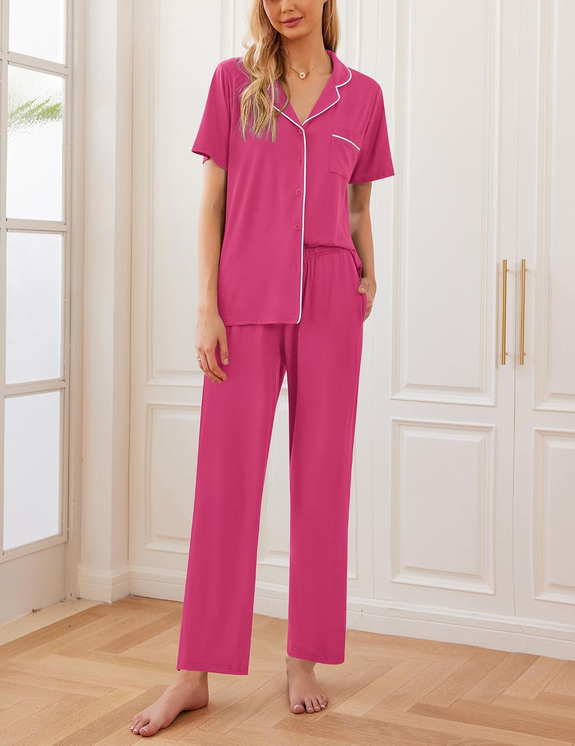 Ekouaer Womens Pajamas Set Short Sleeve Button Down Top & Pants Lounge Pjs