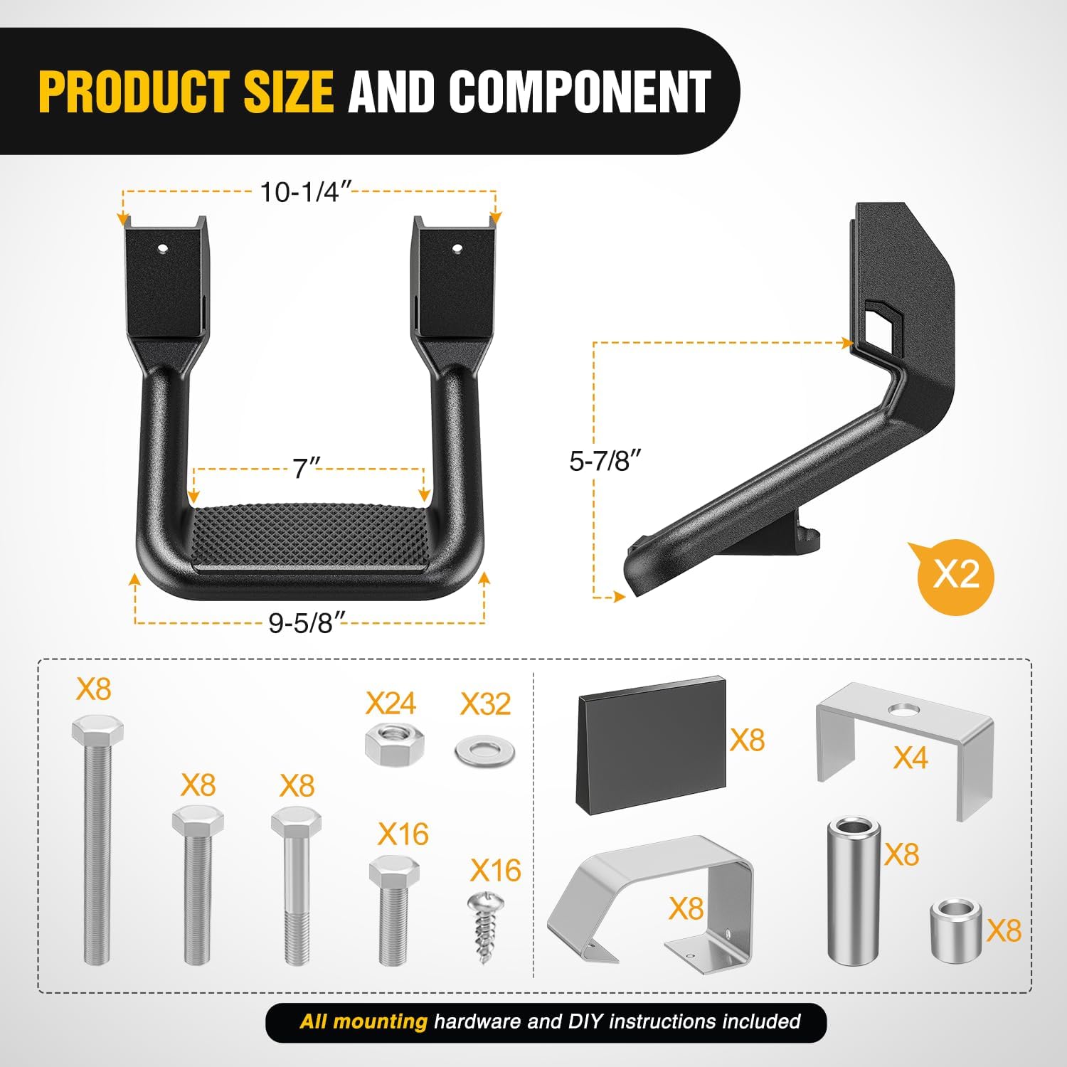 Nilight Aluminum Slip-Proof Nerf Steps 2Pcs Black for Pickup Trucks | Drilling required Universal Side Step Side Hoop Steps Nerf Bars Assembly for Chevy (Chevrolet) Ford Toyota GMC Dodge RAM