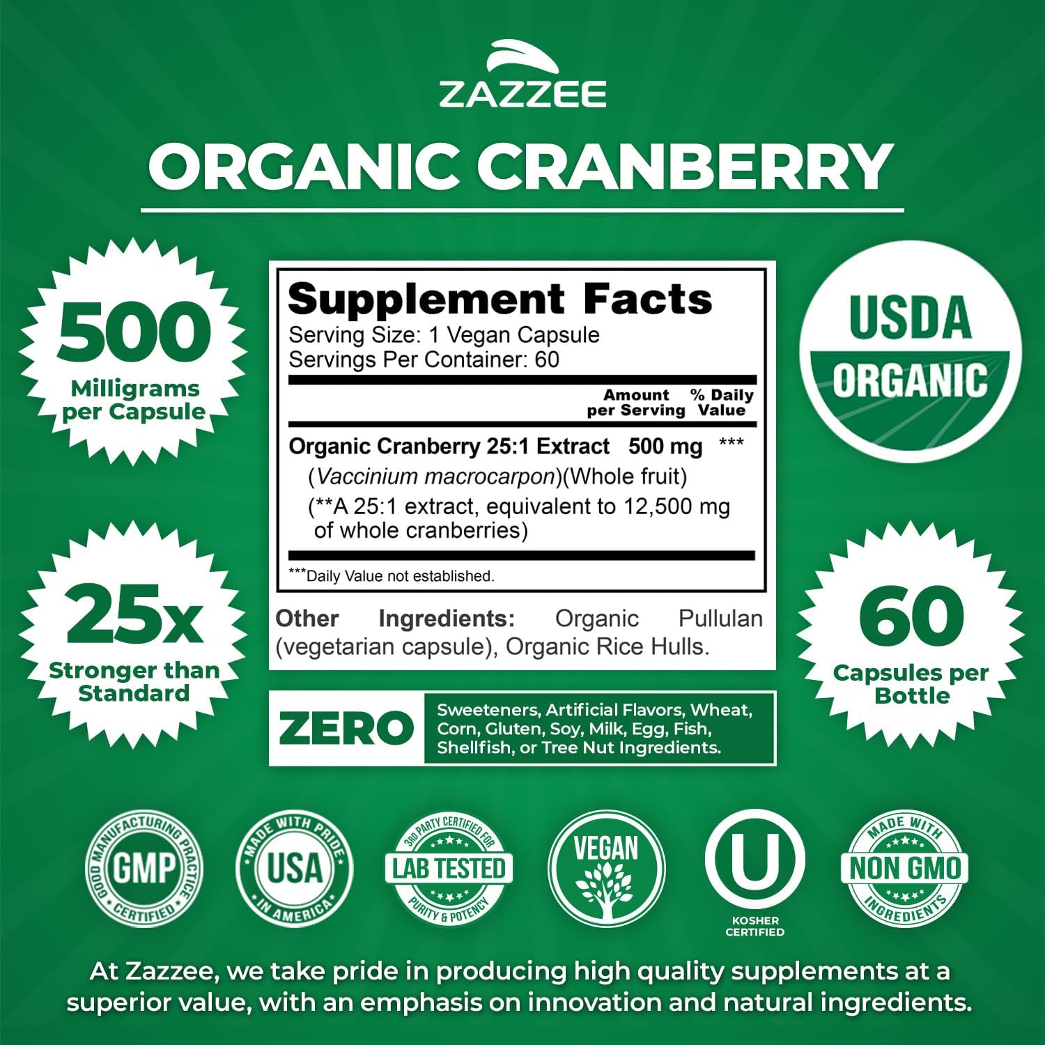 Zazzee USDA Organic Cranberry 25:1 Extract, 500mg per Capsule, 100 Capsules | Vegan, 3+ Month Supply, Certified Kosher, Vaccinium Macrocarpon, Non-GMO, Made in the USA