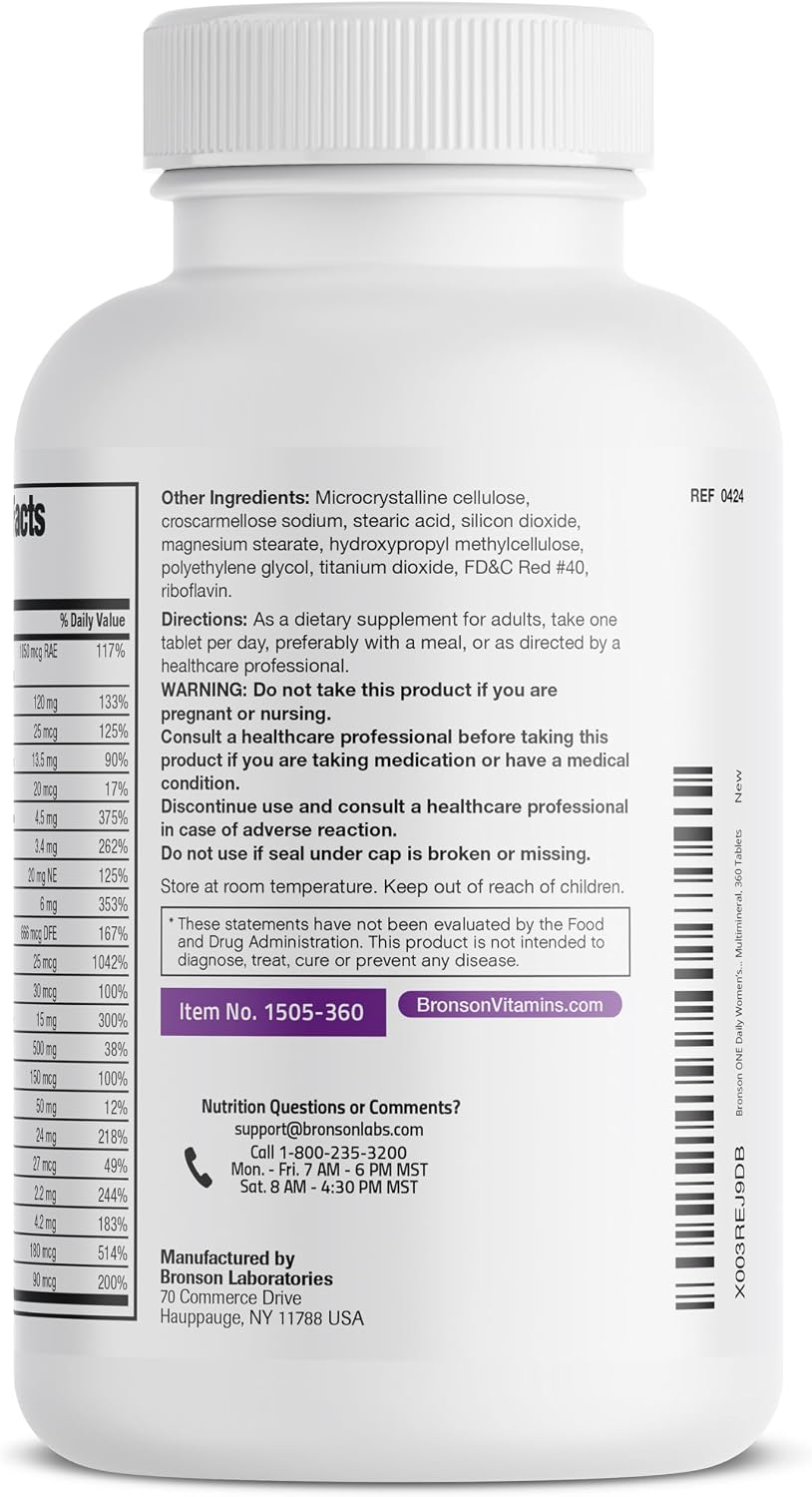Bronson ONE Daily Women 50+ Complete Multivitamin Multimineral, 180 Tablets | Once-Daily, Targeted Nutrition For Active Women Over 50, Non-GMO, Gluten-Free, Soy-Free