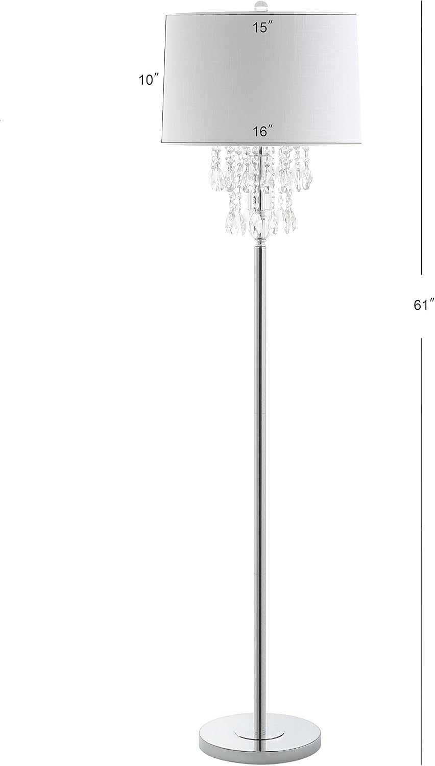 JONATHAN Y Abigail 61" Crystal Metal LED Floor Lamp, Clear/Chrome | Chandelier Style, Contemporary Glam Design, White Linen Drum Shade, Rotary Switch