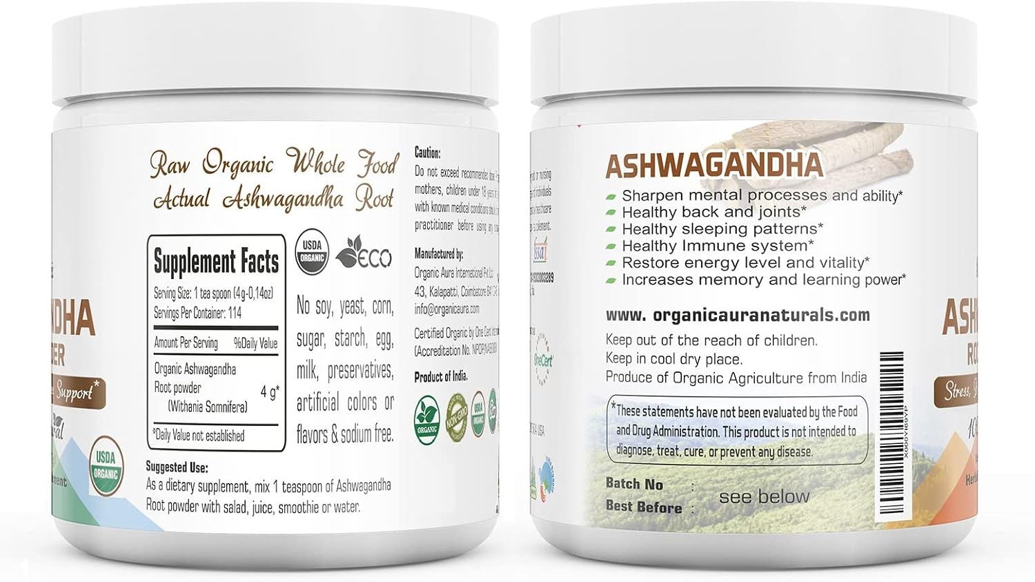 Certified Organic Ashwagandha Root Powder 16Oz -1Lb. Natural Stress, Brain and Immune Support. Enhances Overall Health. Raw Superfood. 100% Natural Herbal