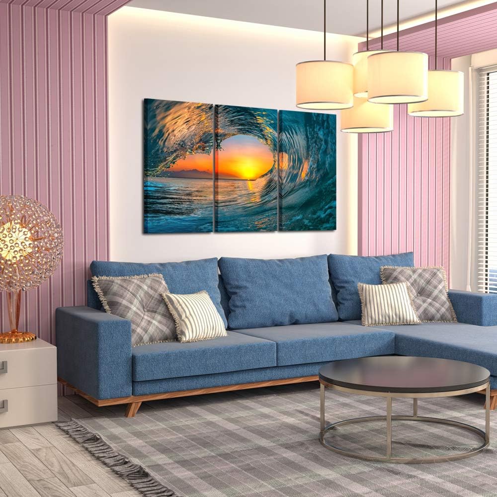 KREATIVE ARTS Large 3 Pieces Canvas Prints Wall Art Sunset Sea Water Ocean | Wave Pictures Paintings Modern Stretched and Framed Seascape Giclee
