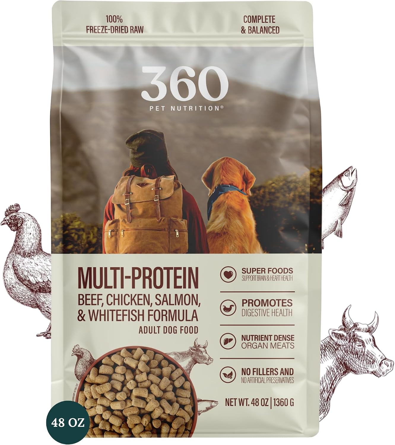 360 Pet Nutrition Freeze-Dried Raw Dog Food – Multi-Protein with Beef, Chicken, Fish, Liver & Organs