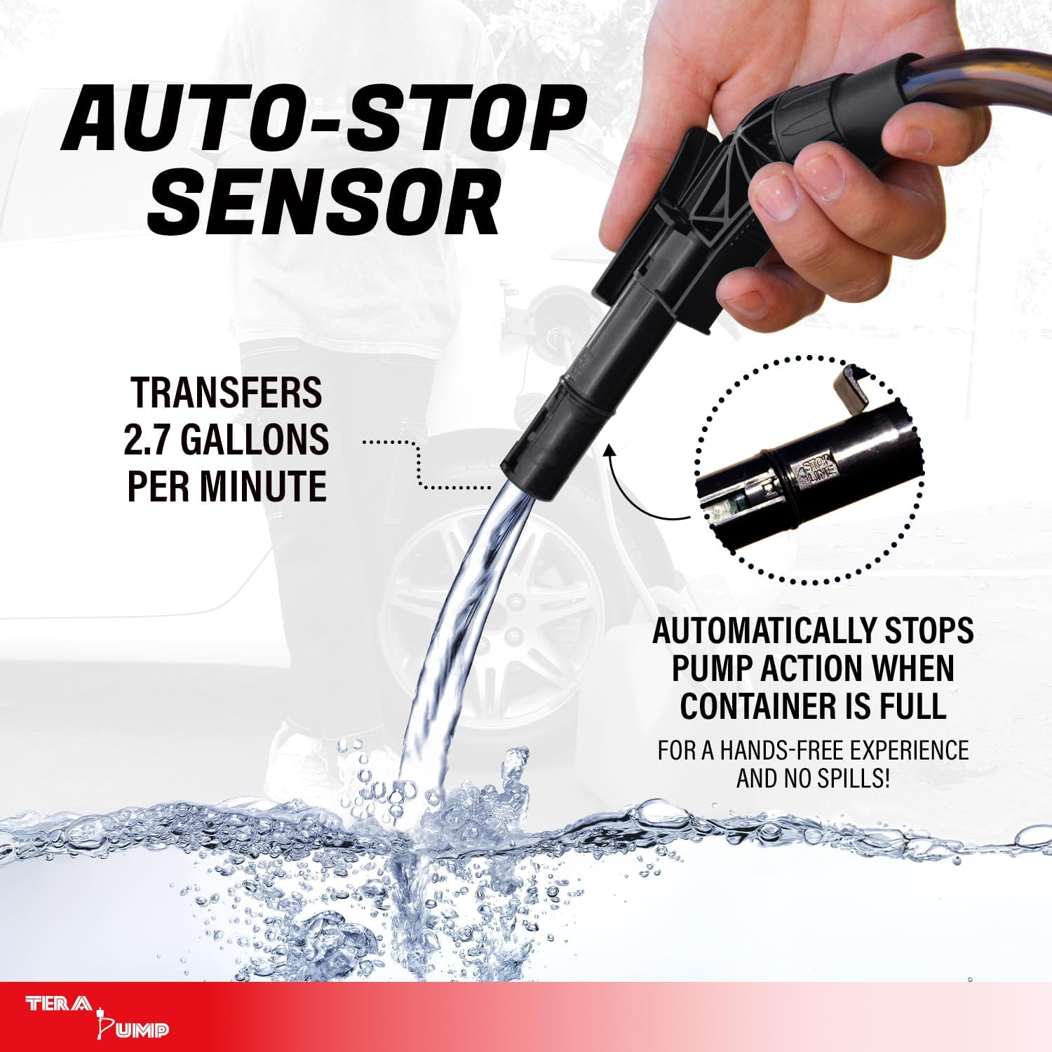 TERA PUMP Next Gen Garage Gas Can Pump with Auto-Stop | No Heavy Gas Can Lifting, 39" Strong Vinyl Hose, Flexible Intake Hose, Universal Adapter