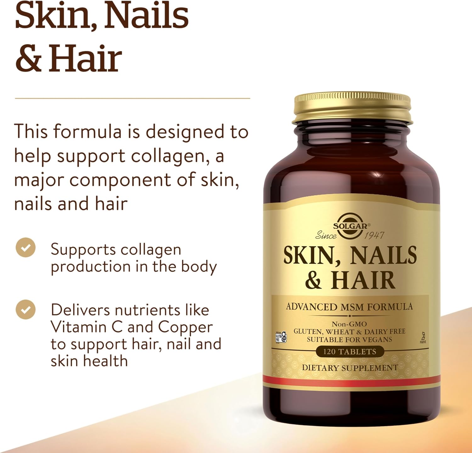 Solgar Skin, Nails & Hair, Advanced MSM Formula, 120 Tablets, Non GMO | Supports Collagen for Hair, Nail and Skin Health, Provides Zinc, Vitamin C & Copper, Vegan, Gluten & Dairy Free - 60 Servings